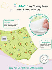 Avocado-print LUNO potty training pants featuring triple-layer cotton protection and cloud-soft padding.