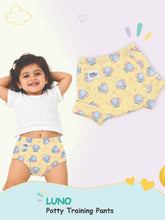 Child in yellow elephant print LUNO potty training pants alongside a matching flat product view