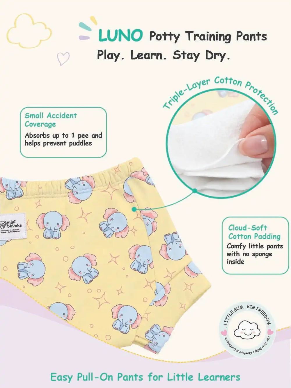 Yellow elephant print LUNO potty training pants with feature callouts and soft cotton padding close-up.