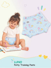 Toddler drawing in rainbow cloud LUNO potty training pants shown next to a large product detail view