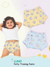 Child in yellow elephant print LUNO potty training pants next to two alternative patterned pairs.