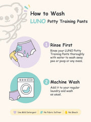 How to wash LUNO potty training pants infographic showing water rinse and machine wash steps.
