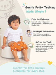 Child using white potty with orange LUNO training seat next to gentle potty training feature callouts.