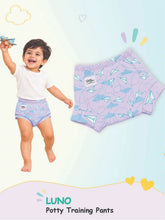 Child wearing purple paper airplane LUNO potty training pants alongside a matching flat product view