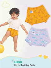 Baby in yellow LUNO potty training pants next to alternative animal print and purple paper plane pairs.