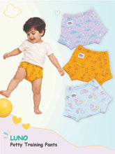 Toddler wearing yellow LUNO potty training pants displayed next to three alternative patterned pairs.