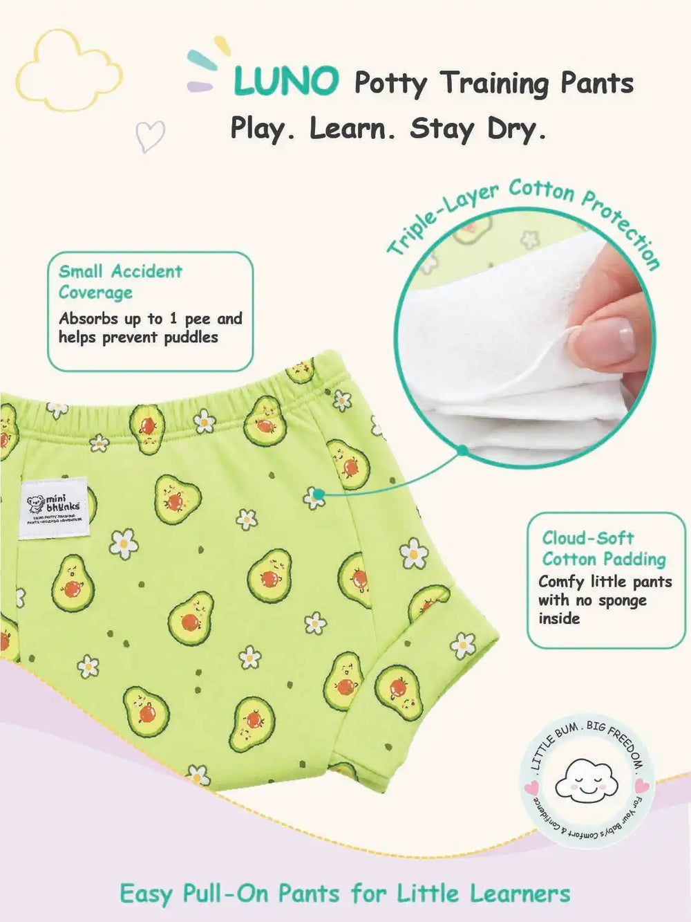Avocado-print LUNO potty training pants featuring triple-layer cotton protection and cloud-soft padding.