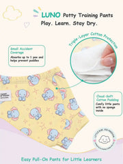 Yellow elephant print LUNO potty training pants with feature callouts and soft cotton padding close-up.