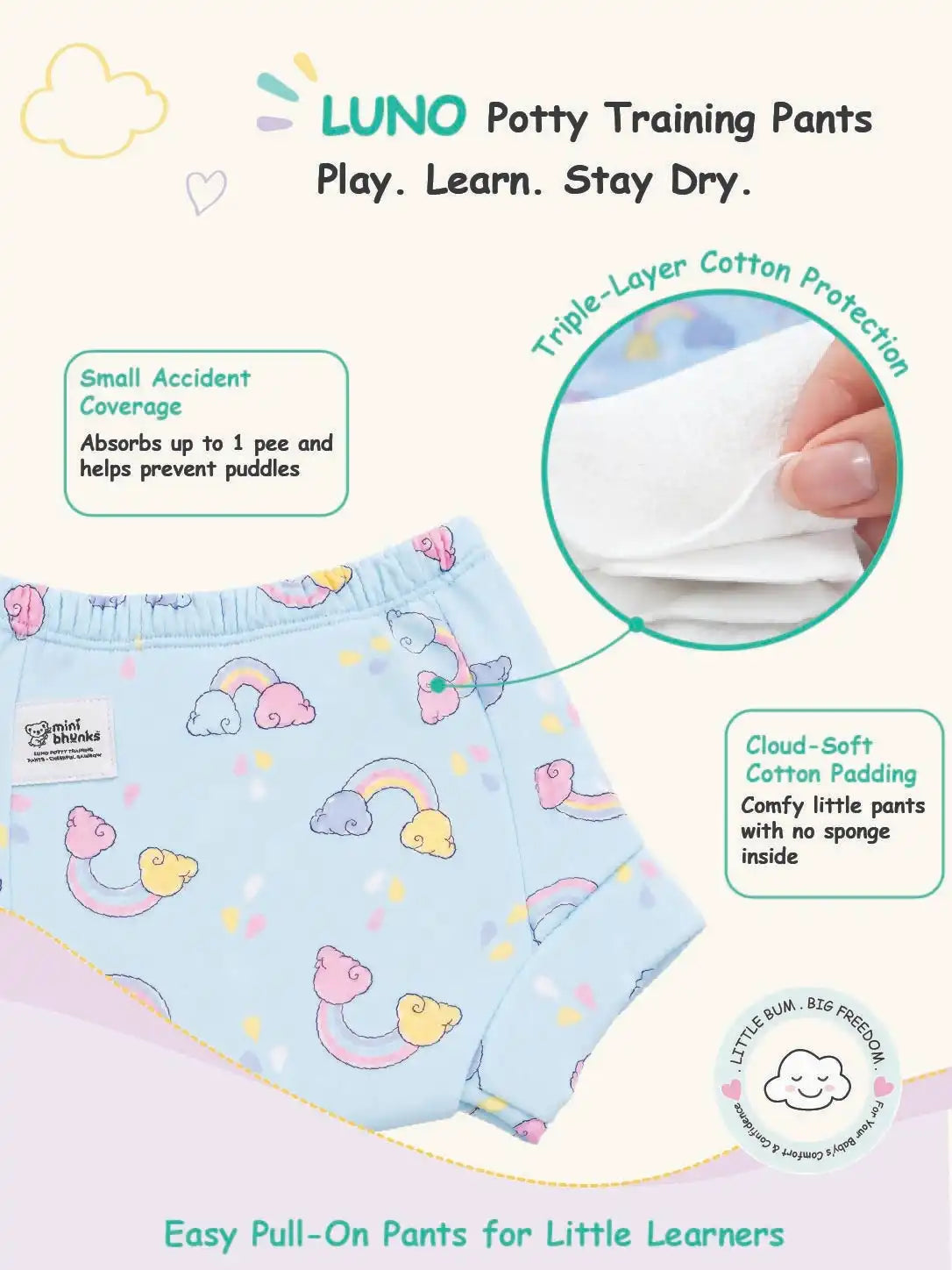Rainbow and cloud print LUNO potty training pants with soft cotton padding inset and stretch waistband.