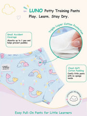 Rainbow and cloud print LUNO potty training pants with soft cotton padding inset and stretch waistband.