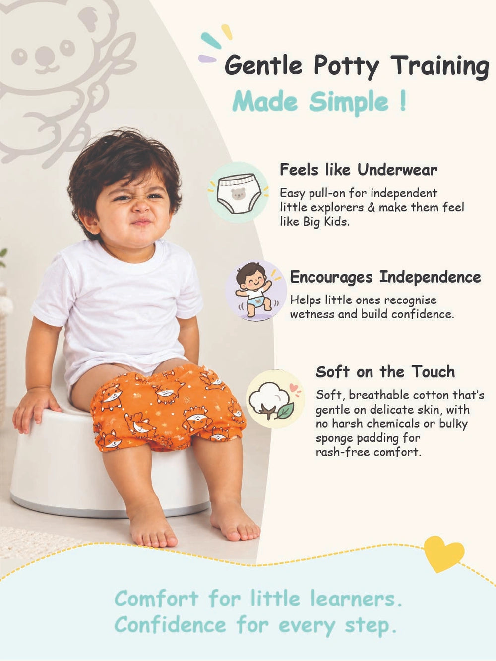 Child using white potty with orange LUNO training seat next to gentle potty training feature callouts.