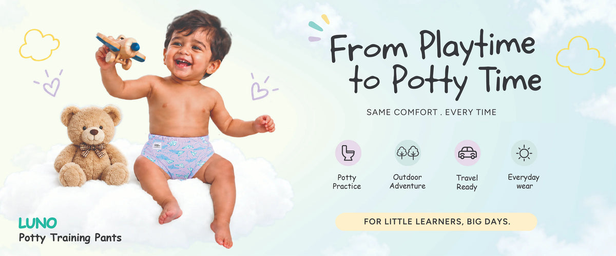 Smiling baby in airplane print LUNO potty training pants under From Playtime to Potty Time text banner