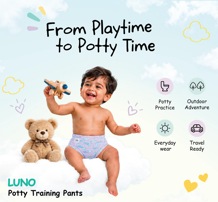 Smiling baby in airplane print LUNO potty training pants under From Playtime to Potty Time text