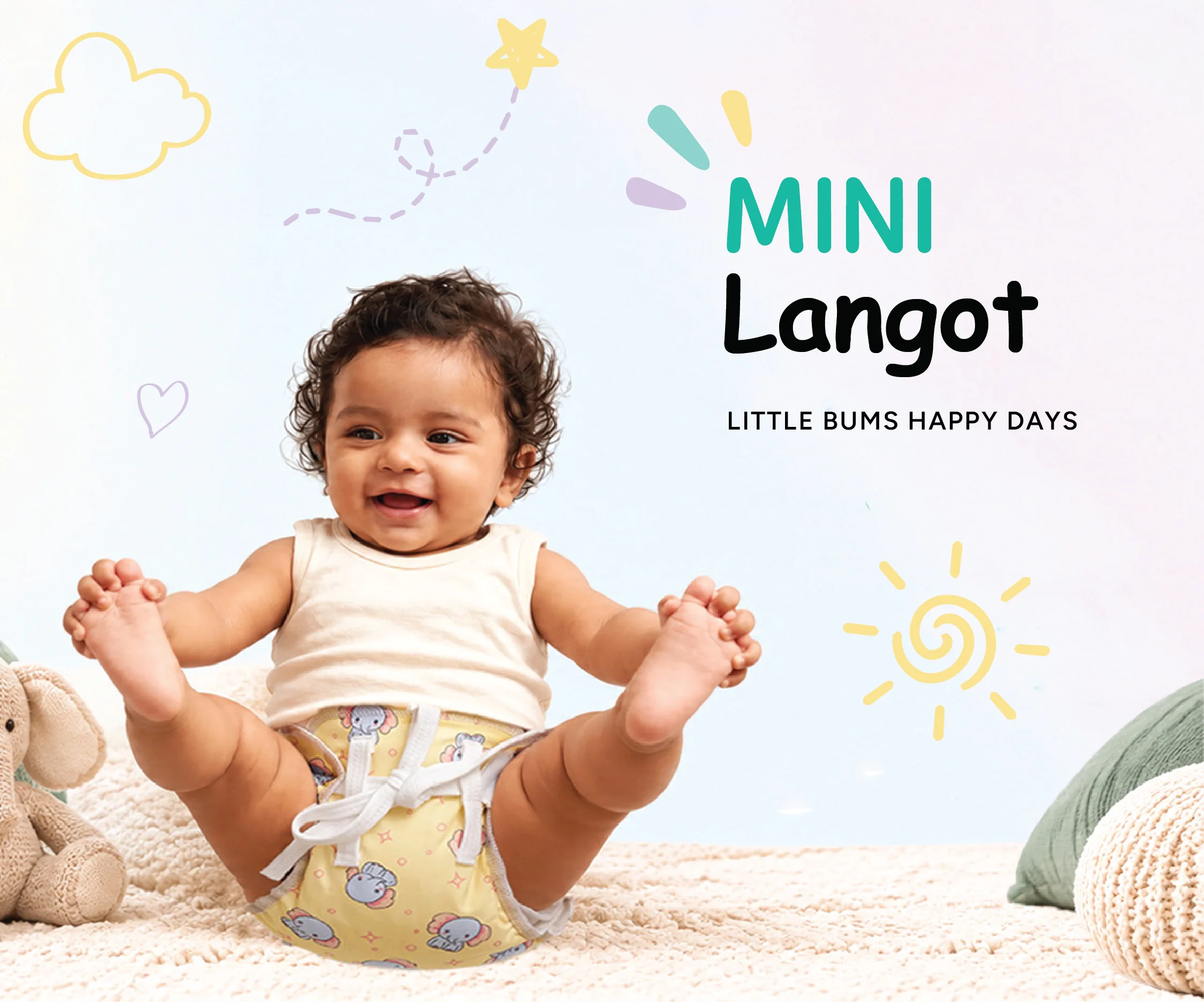 Smiling baby wearing a yellow elephant print Mini Langot under Little Bums Happy Days text.