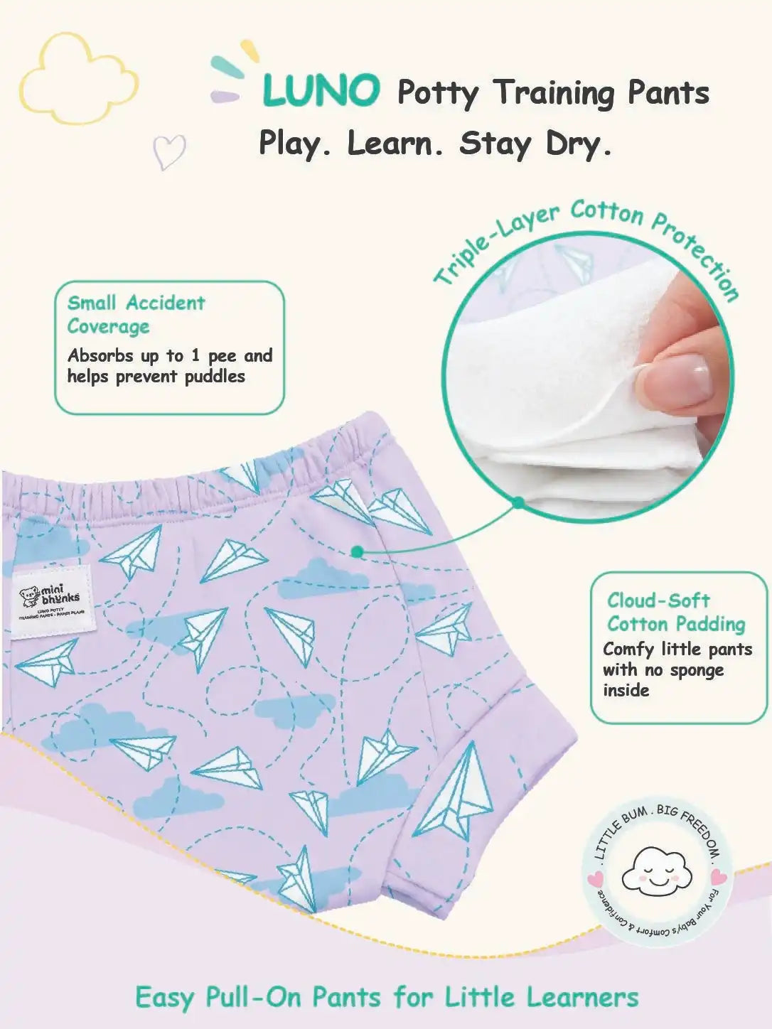 Light purple paper Paper Plane LUNO potty training pants with feature callouts and soft cotton padding inset.
