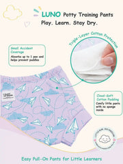 Light purple paper Paper Plane LUNO potty training pants with feature callouts and soft cotton padding inset.