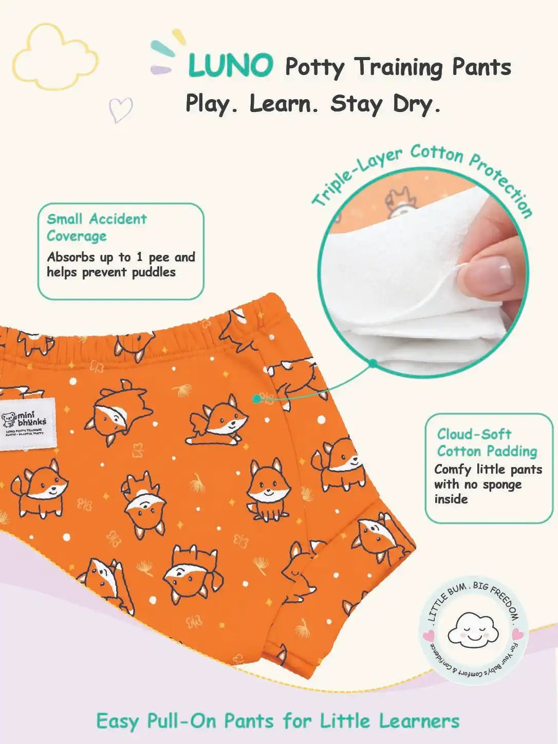 Orange puppy print LUNO potty training pants with product feature callouts and soft cloud padding inset