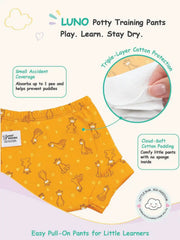 Yellow giraffe print LUNO potty training pants with product feature callouts and stretch waistband inset.