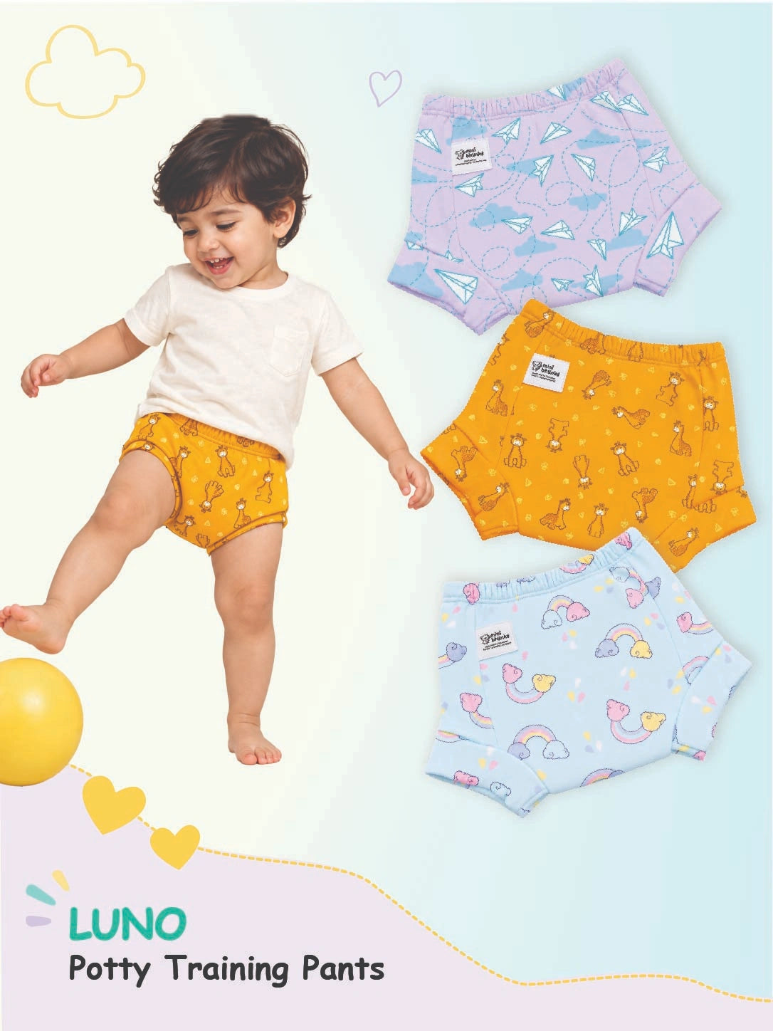 Toddler wearing yellow LUNO potty training pants displayed next to three alternative patterned pairs.